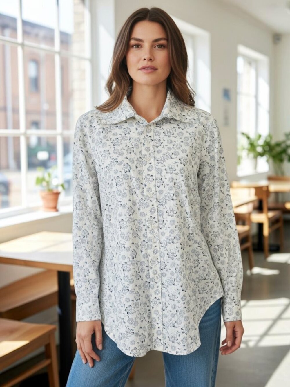 Polo Ralph Lauren Blouse Shirt Ivory Blue Women's 4 Floral Cotton Button Up